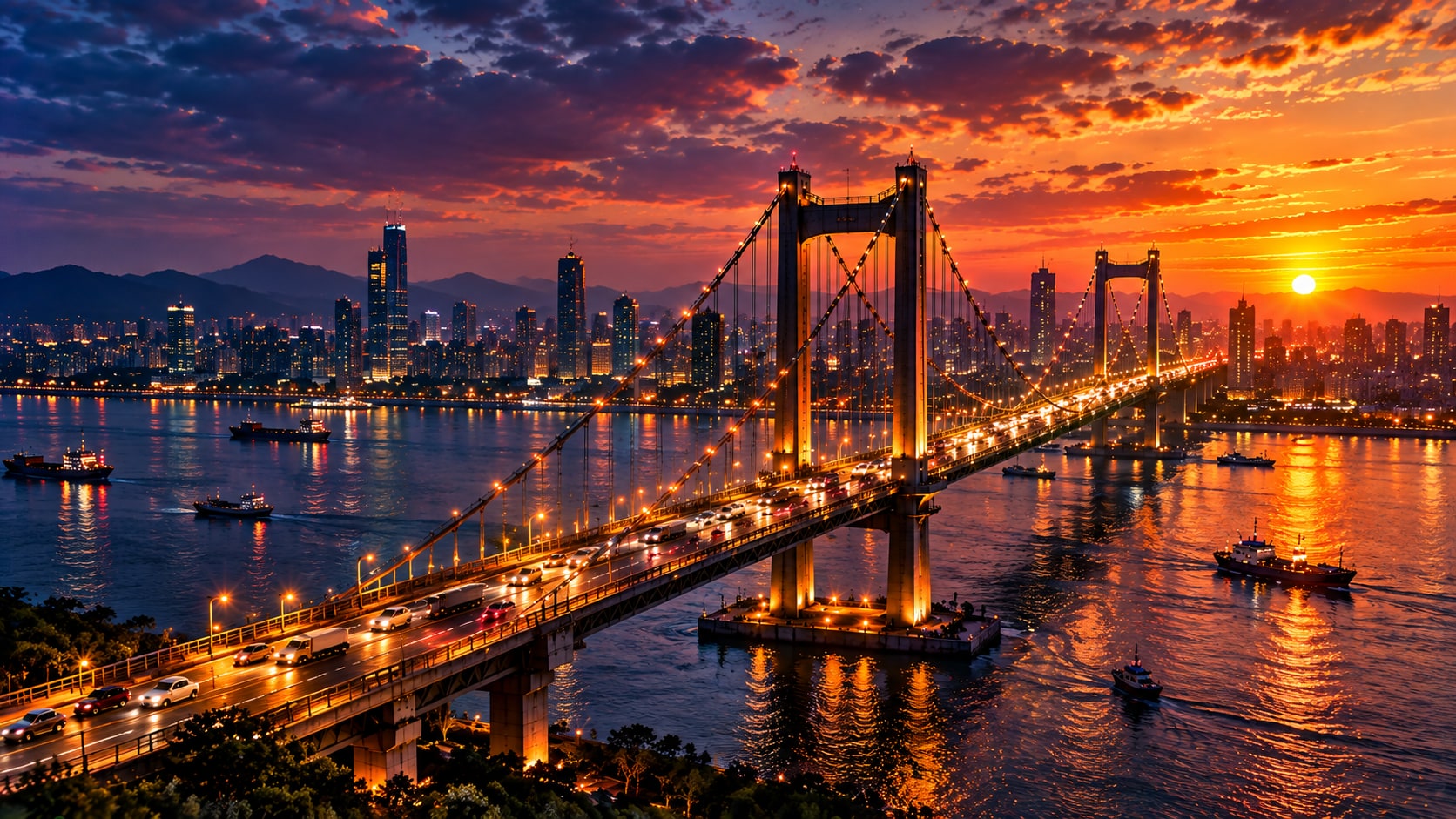 A suspension bridge lit at sunset over a river, with the city skyline behind